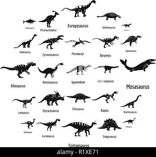 Types de dinosaures nom signé icons set. Illustration simple de 25 types de dinosaures nom signé vector icons for web Illustration de Vecteur