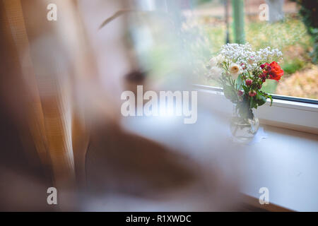Une verseuse en verre avec fleurs dans il se trouve sur un rebord de fenêtre blanche, et à l'extérieur de la fenêtre, vous pouvez voir la maison jardin Banque D'Images