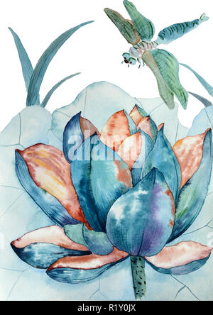 Aquarelle originale de plantes aquatiques de lotus bleu et dragonfly Banque D'Images