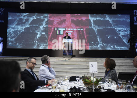 Thessalonique, Grèce. 15 Nov, 2018. Le Premier ministre grec Alexis Tsipras est titulaire d'un discours lors du sommet de Thessalonique en 2018. Sommet de Thessalonique est organisée par la Fédération des industries du nord de la Grèce chaque année avec des centaines d'entreprises et les personnes qui prennent part à l'industrie. Credit : Giannis Papanikos/ZUMA/Alamy Fil Live News Banque D'Images