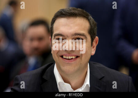 Thessalonique, Grèce. 15 Nov, 2018. Le Premier ministre grec Alexis Tsipras lors du sommet de Thessalonique en 2018. Sommet de Thessalonique est organisée par la Fédération des industries du nord de la Grèce chaque année avec des centaines d'entreprises et les personnes qui prennent part à l'industrie. Credit : Giannis Papanikos/ZUMA/Alamy Fil Live News Banque D'Images