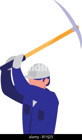 Builder avec casque de sécurité et tenant une pioche sur fond blanc, vector illustration Illustration de Vecteur