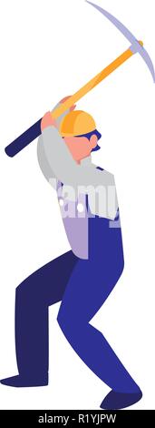 Builder avec casque de sécurité et tenant une pioche sur fond blanc, vector illustration Illustration de Vecteur