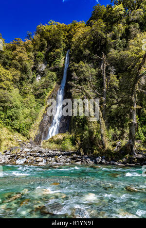 Thunder Creek Cascade dans le parc national du Mt aspirant, Haast Pass, Région de la côte ouest, île du Sud, Nouvelle-Zélande Banque D'Images