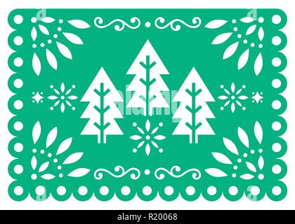 Papel Picado Noël vector design avec arbres de Noël, Décorations de partie papier hiver Mexicain, vert et blanc 5x7 modèle de carte de vœux Illustration de Vecteur