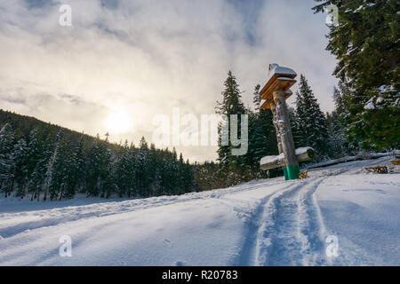 Synevyr, Ukraine - Jan 28, 2017 : statues de Syn et Vyr sur une pente enneigée parmi la forêt d'épinettes. beaux paysages d'hiver dans les montagnes. Banque D'Images