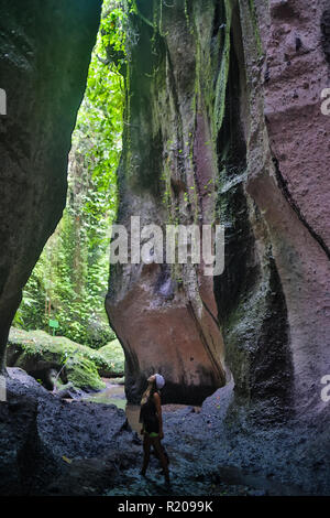 Femme active randonnées dans la pittoresque forêt de brouillard dense avec Rock Canyon et arbre avec sac à dos sur l'exécution de sentier. Banque D'Images