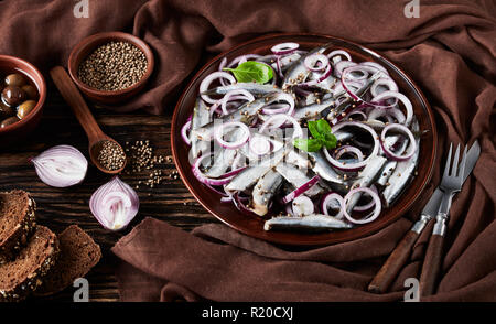 Anchois salé mariné à l'oignon rouge sur une plaque de faïence avec des olives, des graines de coriandre dans des bols et des tranches de pain de seigle sur un vieux bois rustique Banque D'Images