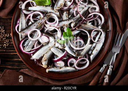 Anchois salé mariné à l'oignon rouge sur une plaque de faïence les graines de coriandre, brown tissu, fourchette et couteau sur une vieille table en bois rustique, vue Banque D'Images