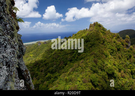 La vue de Te Rua Manga, un sommet volcanique dans le centre de Rarotonga, l'île principale des Îles Cook. Banque D'Images