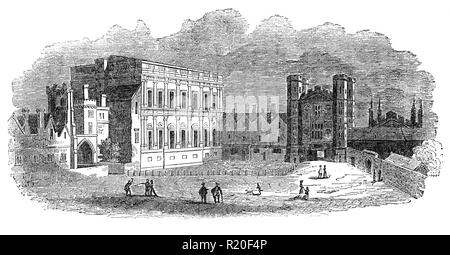 La salle de banquet par Inigo Jones au Palais de Whitehall (ou Palais de White Hall) à Westminster, Londres, et le Gate House, soi-disant pour par HansHolbein. C'était la résidence principale des monarques anglais de 1530 à 1698, quand la plupart de ses infrastructures, sauf pour le Banqueting House, ont été détruites par le feu. Il a, à un moment donné, été le plus grand palais d'Europe, avec plus de 1 500 chambres, avant d'être dépassé par l'expansion du palais de Versailles, qui était d'atteindre 2 400 chambres. Banque D'Images