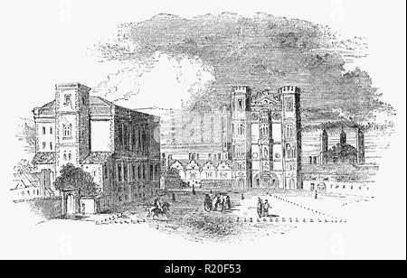 La salle de banquet par Inigo Jones au Palais de Whitehall (ou Palais de White Hall) à Westminster, Londres, et le Gate House, soi-disant pour par HansHolbein. C'était la résidence principale des monarques anglais de 1530 à 1698, quand la plupart de ses infrastructures, sauf pour le Banqueting House, ont été détruites par le feu. Il a, à un moment donné, été le plus grand palais d'Europe, avec plus de 1 500 chambres, avant d'être dépassé par l'expansion du palais de Versailles, qui était d'atteindre 2 400 chambres. Banque D'Images