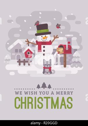 Happy snowman avec chaton, boîte aux lettres et cabane dans un village d'hiver enneigé. Carte de vœux de Noël télévision illustration. Nous vous souhaitons un Joyeux Noël Illustration de Vecteur