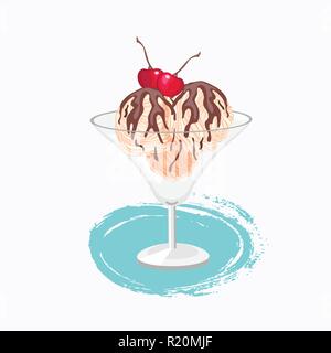Cartoon style glace à la vanille avec du chocolat et de l'icône vecteur cerise sur le fond blanc avec la peinture splash Illustration de Vecteur