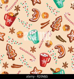 Gingerbread cookies de Noël, vin chaud, le cacao avec des guimauves motif transparente pour les vacances accueil décoration, textile et papier cadeau Illustration de Vecteur