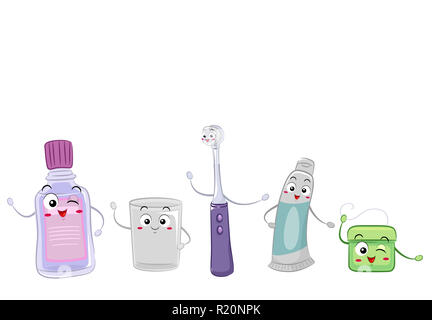 Illustration Mascotte colorée dispose d''objets couramment utilisés dans les soins dentaires Banque D'Images