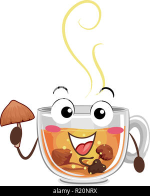 Illustration mascotte doté d''une tasse de thé chaud à base de champignons psychédéliques Banque D'Images