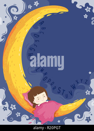 Illustration fond coloré doté d'une mignonne petite fille dormir sur un croissant de lune Banque D'Images