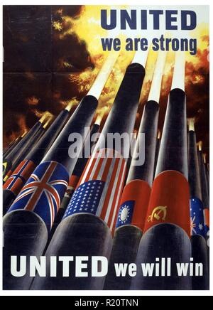 La Seconde Guerre mondiale affiche montrant des canons, chacun avec le pavillon d'une puissance alliée, le dynamitage dans le ciel. Créé par Henry Koerner (1915-1991). Datée 1943 Banque D'Images