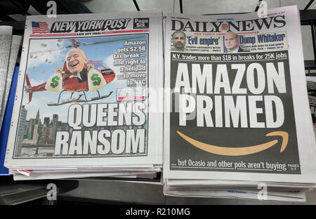 Les titres des journaux de New York un rapport sur le Mercredi, Novembre 14, 2018 à propos de la décision prise par Amazon pour placer la moitié de son AC2 dans le quartier de Long Island City, à New York. (© Richard B. Levine) Banque D'Images