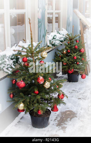 Deux arbres de Noël boules colorées pour décorer l'arbre de Noël. Les arbres de Noël décorés dans la neige sur la rue. Banque D'Images