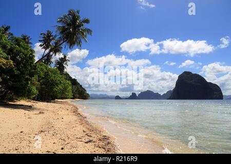 Se penchant palmiers de Las Cabanas beach à El Nido, l'île de Palawan, Philippines. Banque D'Images