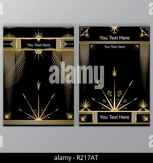 Modèle Art déco-d'or noir, deux pages A4, menu, carte, invitation à partie, fleur en Art/ArtDeco Nuvo style, belle bakcground . Illustration de Vecteur