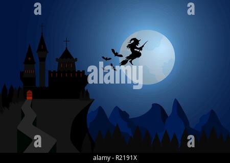 Illustration Halloween sorcière volant sous hills , château sombre avec des chauves-souris dans la nuit de pleine lune .Partie invitation,flayer pour l'impression et le web design. Illustration de Vecteur