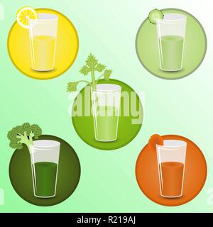 Les smoothies avec brocoli, céleri, concombres, carottes. Des cocktails de style de vie Soins de santé .illustration vectorielle, vert, vert foncé, orange , JAUNE , VERT CLAIR Illustration de Vecteur