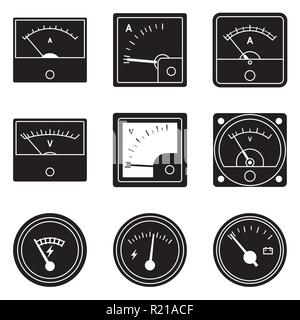 Ensemble d'icônes de l'ampèremètre et du voltmètre. Instrument de mesure. Vecteur Silhouette Illustration de Vecteur