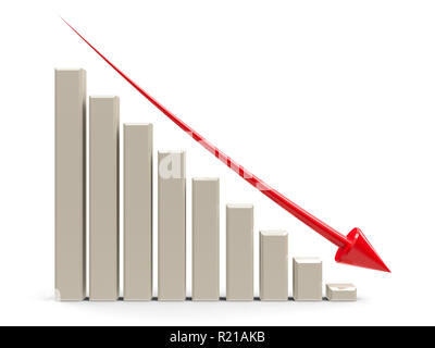 Business graph avec flèche rouge vers le bas représente la diminution, le rendu en trois dimensions, 3D illustration Banque D'Images