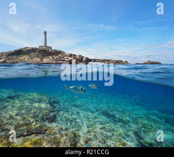 Côte Rocheuse avec un phare et le poisson sous l'eau, vue fractionnée de la moitié au-dessus et au-dessous de la surface de l'eau, mer Méditerranée, Cabo de Palos, Cartagena, Espagne Banque D'Images