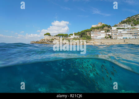 Un phare et les bâtiments sur une côte rocheuse avec un banc de poissons sous l'eau, vue fractionnée, Espagne, Costa Brava, Roses, mer Méditerranée, Catalogne Banque D'Images