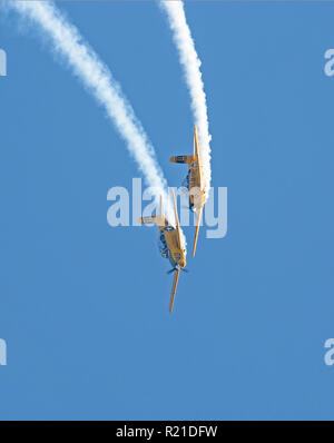 MONROE, NC (USA) - 10 novembre 2018 : Deux avions de voltige effectuer une plongée profonde dans un ciel bleu à la Warbirds sur Monroe Air Show. Banque D'Images