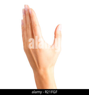 Femme main tenant quelque chose. Vue latérale isolée avec clipping path Banque D'Images