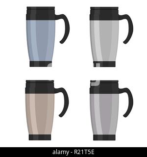 Tasse thermo moderne, tasses, thermos isolé sur fond blanc, ensemble. Vector illustration style de télévision Illustration de Vecteur