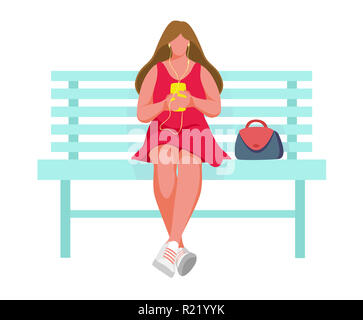 Fille assise sur le banc. Femme à l'écoute de la musique. Illustration Banque D'Images