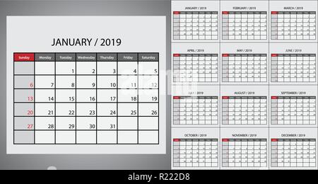 Calendrier 2019 Début de la semaine, le dimanche. Modèle de conception planificateur Illustration de Vecteur