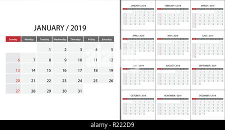 Calendrier 2019 Début de la semaine, le dimanche. Modèle de conception planificateur Illustration de Vecteur