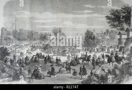 La foule marche dans le Bois de Boulogne, Paris 1860 Banque D'Images