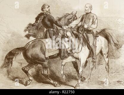 Gravure illustrant la visite d'adieu de Garibaldi (1807-1882), un général et homme politique italien, et Victor Emmanuel II d'Italie (1820-1878). Datée 1860 Banque D'Images