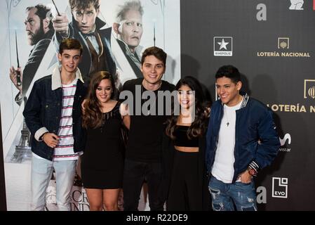 Madrid, Espagne. 15 novembre, 2018. Dave Zulueta, Noelia Franco, Damion Frost, Afrique Adalia & Alfonso La Cruz de OT assiste à la première de 'Les Animaux Fantastiques : les crimes de Grindelwald' le 15 novembre 2018 au cinéma Kinepolis à Madrid, Espagne. (Photo de Rodrigo Blanco) Credit : CORDON PRESS/Alamy Live News Banque D'Images