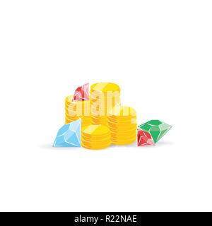 Les piles de jetons de trésor et diamons rubins vector illustration pour les jeux winer richesse prix première place. Illustration de Vecteur