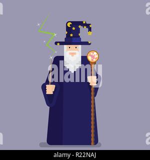 Mage pixel sensé avec baguette et personnel . Cool et funny cartoon caractère pour des jeux et des livres. Assistant d'impression et le web Illustration de Vecteur