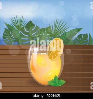 Plage d'été thé ou jus sur table en bois avec des feuilles de palmiers et de la mer . Illustration de Vecteur