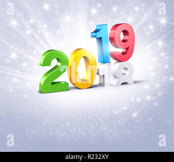 Nouvelle Année colorée date nombre 2019 ci-dessus, se terminant en 2018, sur un fond argenté - 3D illustration Banque D'Images