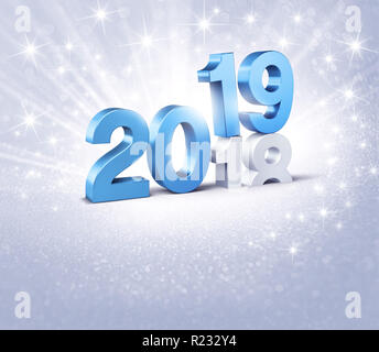 Nouvelle année date nombre 2019 colorés en bleu, ci-dessus se terminant en 2018, sur un fond argenté - 3D illustration Banque D'Images