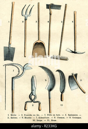 Outils de jardin : 1 chat, 2 fer forge, 3 pelle en bois, 4 hoe, 5 râteau, 5 râteau, 6 pioche, 7 secateur, 8 ciseaux, 9, 10 de la faucille faucille, 11 hoe (1 bèche, 2 fourrures, 3 pelle en bois , 4 5 Ratissoire, Rateau, Binette, 6 7 Echenilloir, 8 Ciseaux, 9 croissant, 10 Serpe, 11 Houe), M.M. Belin u. Bethmont, gestochen von M.M Brevière u. Soupey Banque D'Images