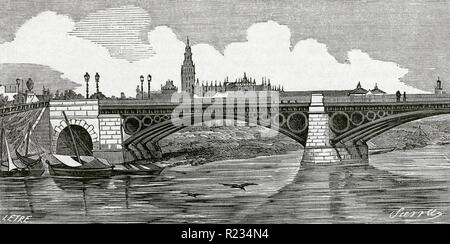 España. L'Andalousie. Sevilla. Puente de Isabel II, popularmente conocido como 'Puente de Hierro' o 'Puente de Triana". Su construcción finalizó en 1852. Dibujo por Letre. Gravure por la Sierra. Crónica general de España, Historia Ilustrada Descriptiva y de sus Provincias. L'Andalousie, 1867. Biblioteca Histórico Militar de Barcelone. Islas Baleares, España. Banque D'Images