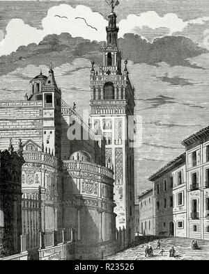 España. L'Andalousie. Sevilla. Exterior de la Catedral de Sevilla, destacando la torre campanario "Giralda". La gravure. Crónica general de España, Historia Ilustrada Descriptiva y de sus Provincias. L'Andalousie, 1867. Biblioteca Histórico Militar de Barcelone, Catalogne, Espagne. Banque D'Images